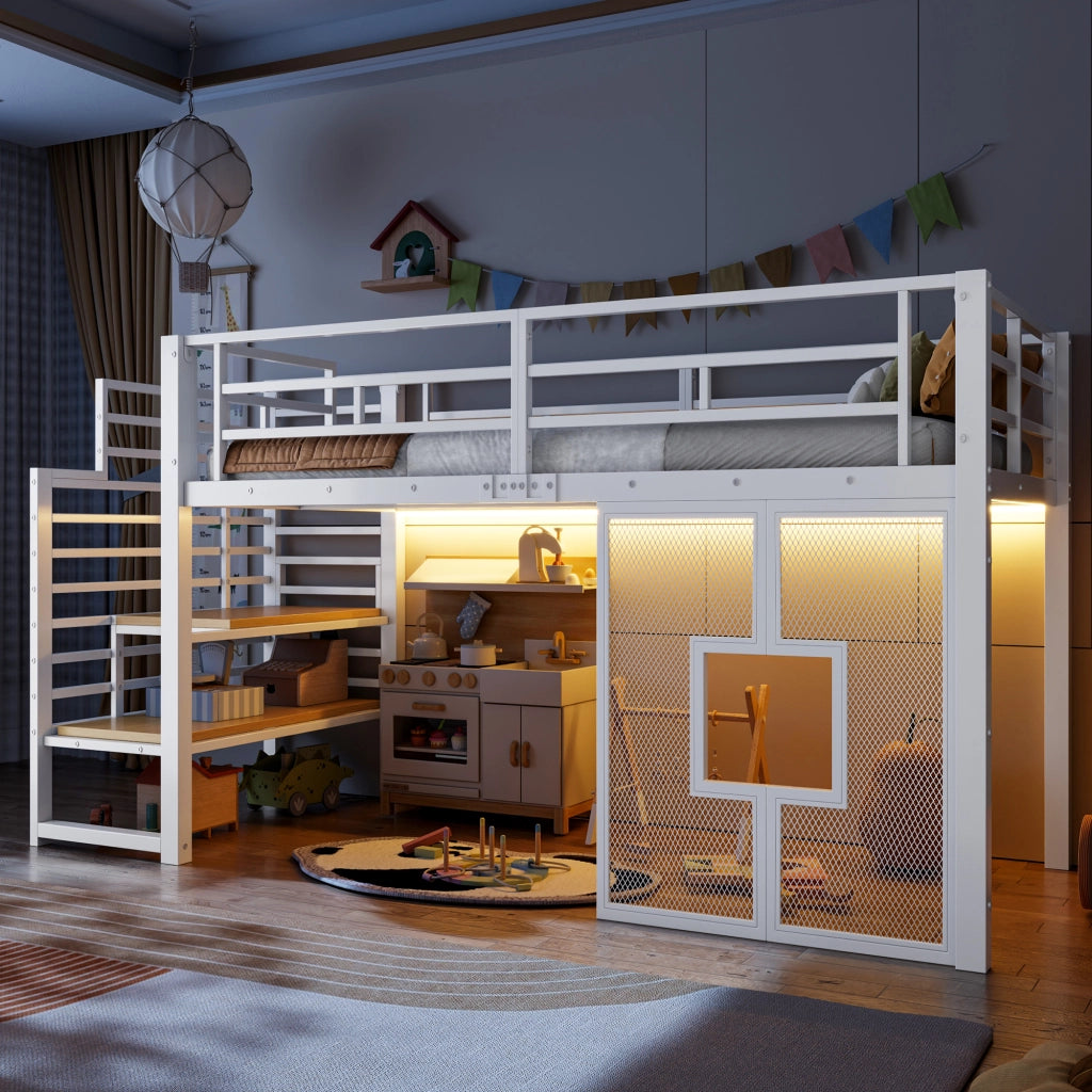 Letto a soppalco singolo 90 × 200 cm con scala contenitore, LED e finestre, senza materasso, bianco