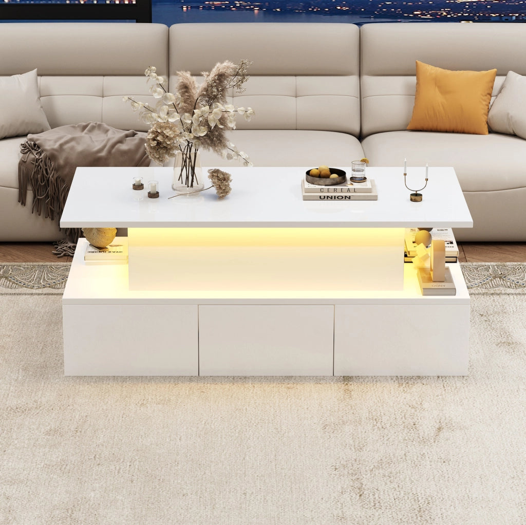 Tavolino da caffè elevabile LED bianco 100x50 cm con 4 cassetti e USB
