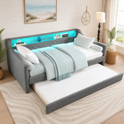 DESMIU Letto singolo 90 × 200 cm con letto estraibile, LED e USB, senza materasso, in lino, grigio
