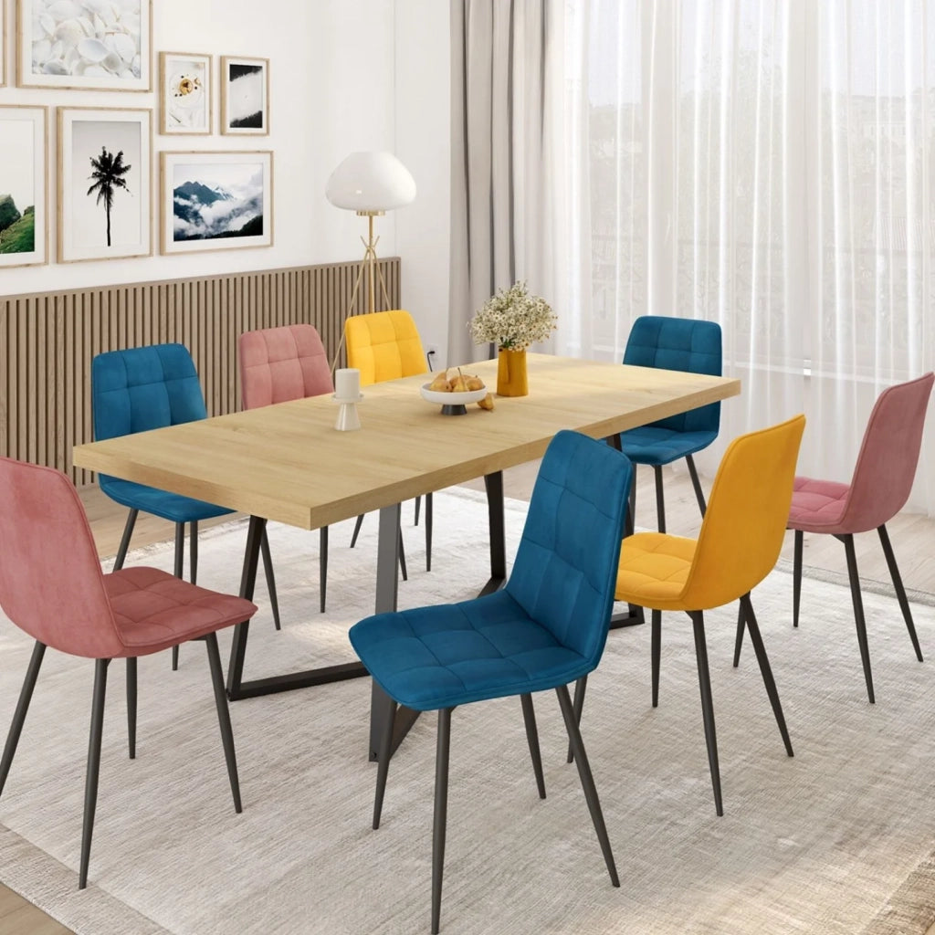 IDMarket - Set di 8 sedie MILA in velluto misto blu x3, rosa x3, giallo ocra x2