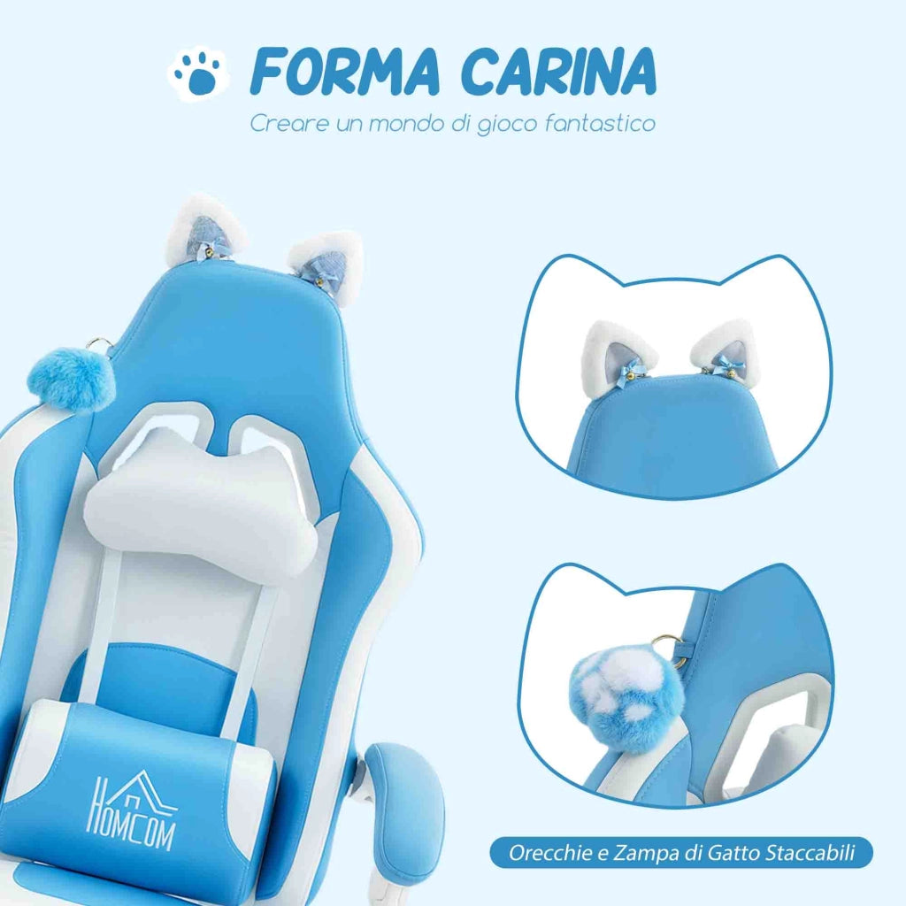 Sedia da Gaming Reclinabile 65x62x116-124 cm con Poggiapiedi e Cuscini in Finta Pelle e Spugna Bianco e Rosa