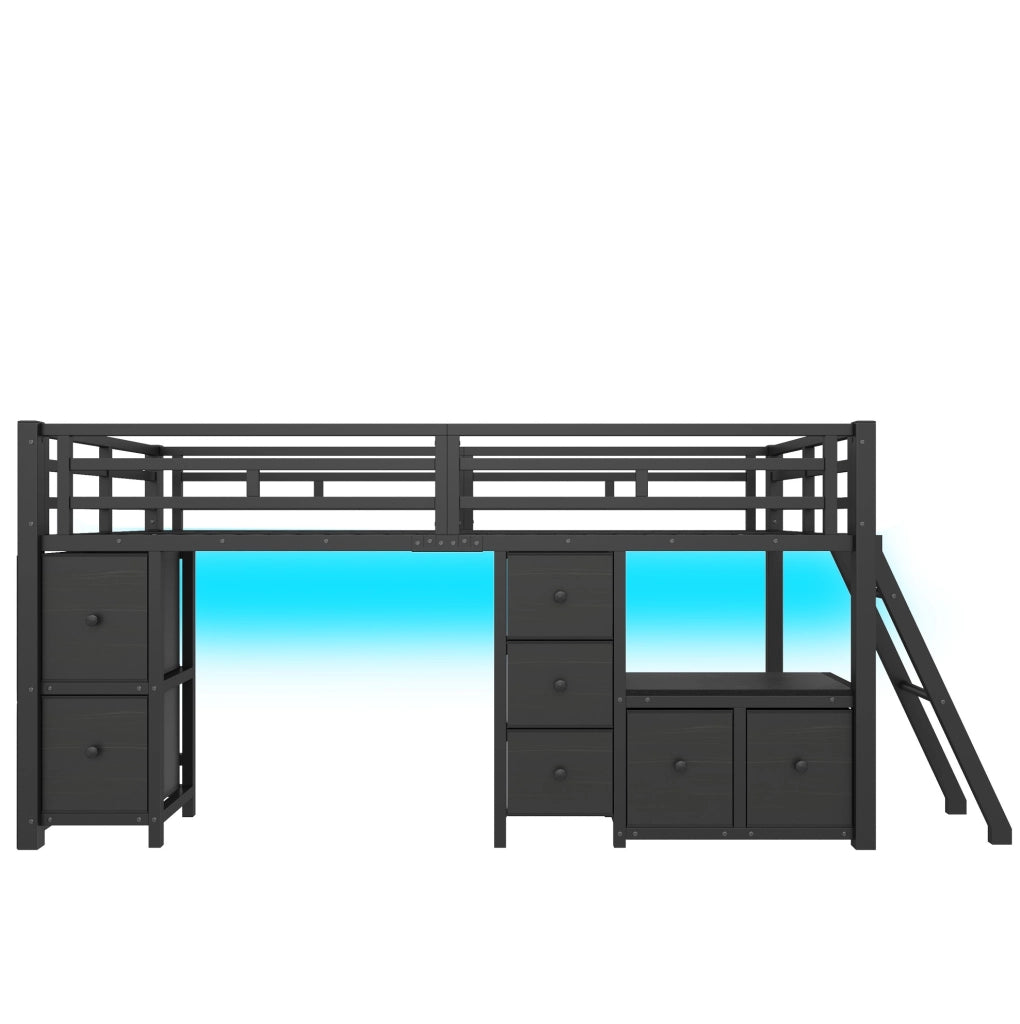 Letto a soppalco basso 208x98x104.5 cm con sponde di sicurezza; LED; metallo; nero