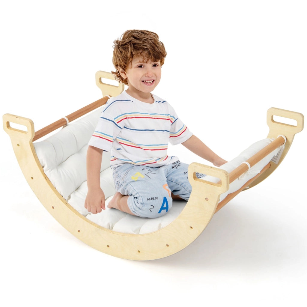 Dondolo ad arco 2 in 1 con morbido cuscino, Arco di arrampicata a doppia faccia per bambini di 1+ anni Naturale-Arrampicate e scivoli