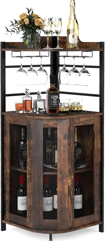 Armadietto Angolare Industriale Da Bar Con Supporto In Vetro, Armadietto Da Vino Con Ripiano Regolabile, Portabottiglie Vino Da Cucina Con Protezione, 130x47,5x47,5 cm (Marrone)