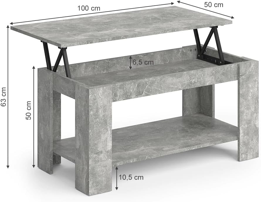 Tavolino soggiorno Lorenz, Calcestruzzo, 100 x 50 cm con funzione di sollevamento, con meccanismo di sollevamento e piano del tavolo regolabile in altezza