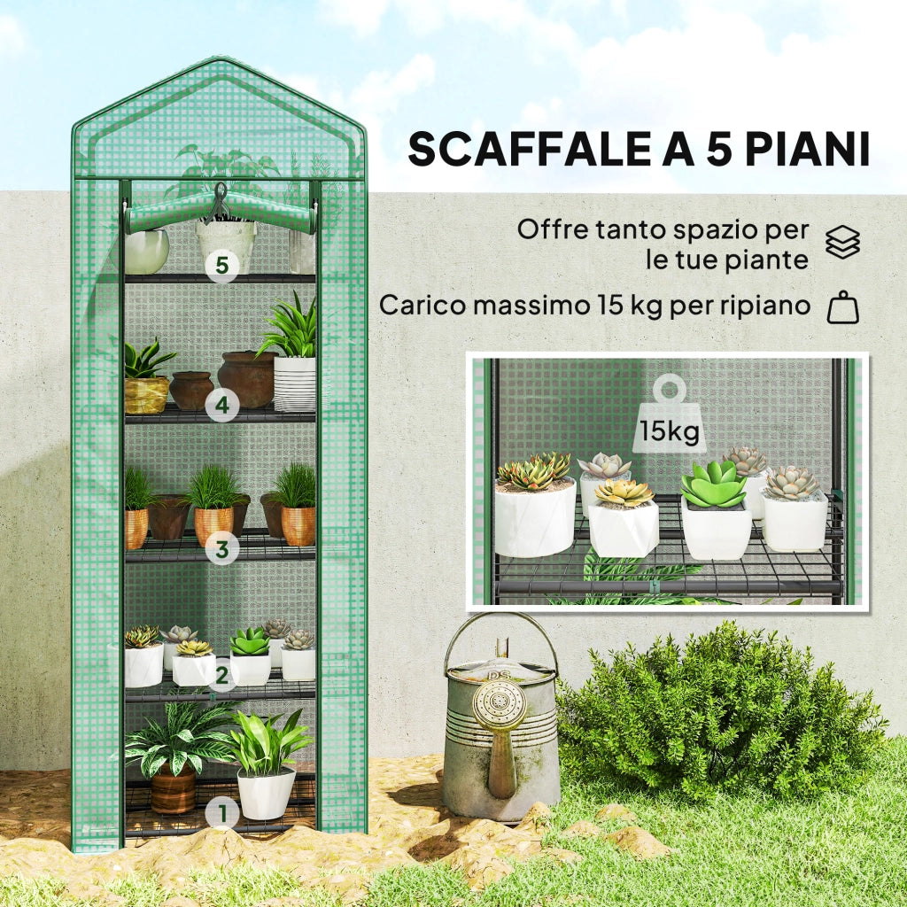 Serra per Piante a 5 Livelli con Porta a Zip, in Acciaio e PE, 69x49x193 cm, Verde
