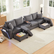 Divano a U in ciniglia grigia con 2 pouf, luce da lettura, vano portaoggetti e prese USB/Type-C