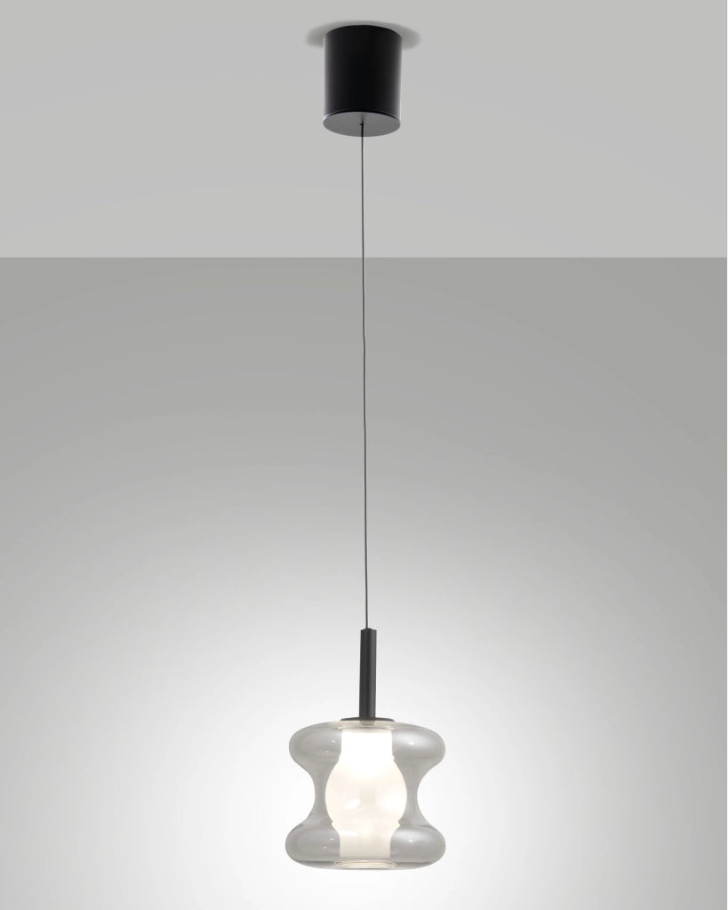 Lampada a Sospensione Frua in Metallo e Vetro Borosilicato Grigio Trasparente, LED 8W Integrato, CCT 2700K-3000K-4000K, Dimmerabile a step - Frua