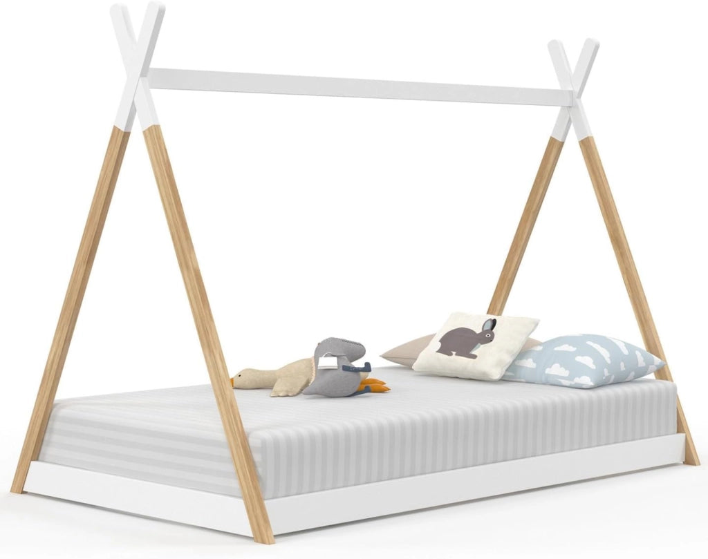 COME 90 x 190 CM letto teepee per bambini con base in legno e bianco