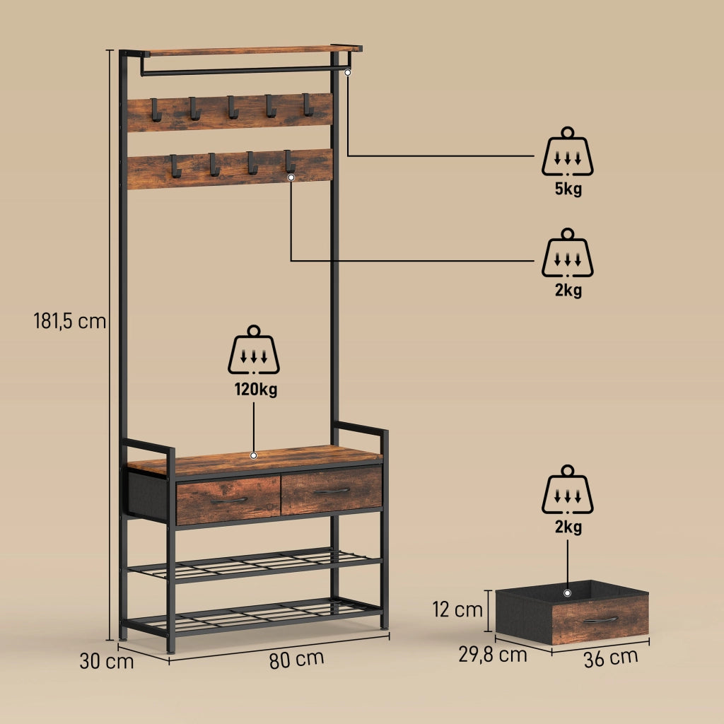 Appendiabiti con Panca Portascarpe ¨C Xylo ¨C Ingresso Metallo Legno Marrone Rustico