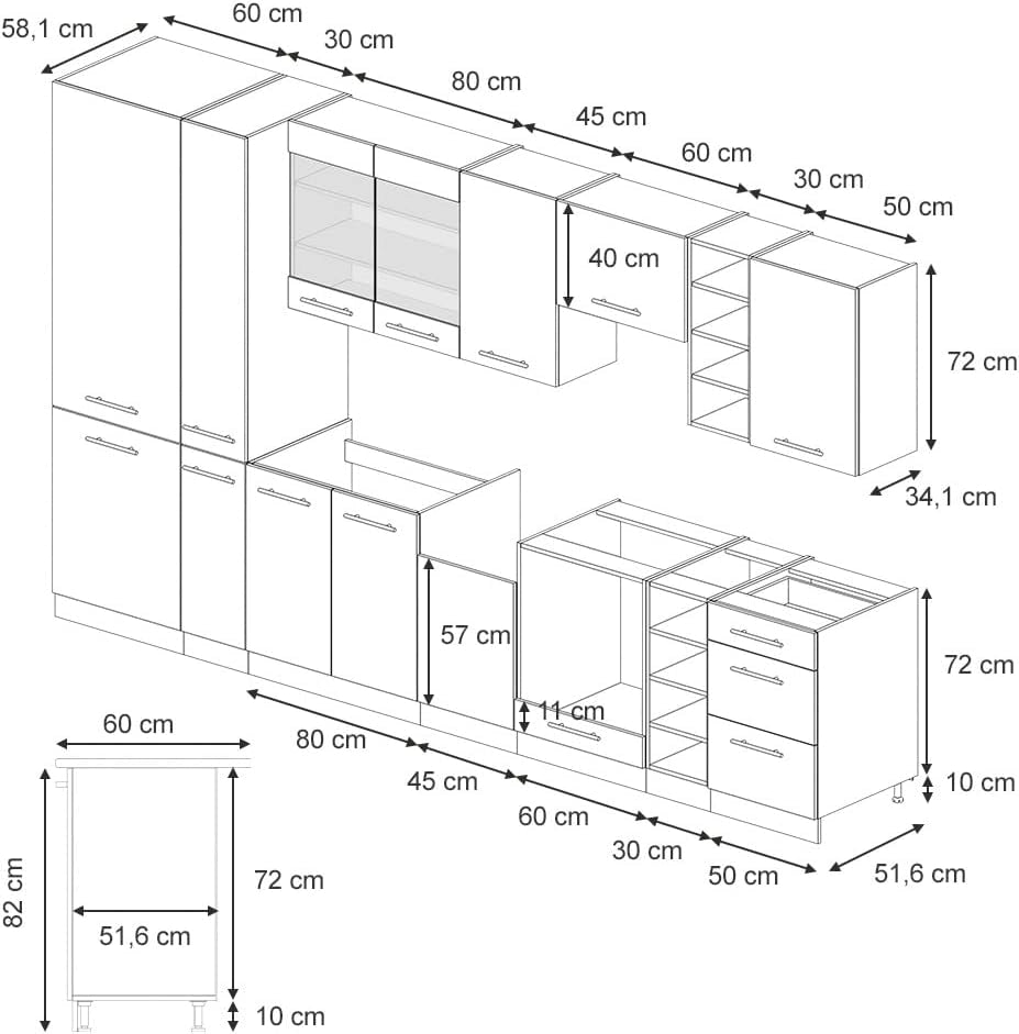 cucina componibile Fame-Line, Blu scuro lucido/rovere dorato, 355 cm senza piano di lavoro