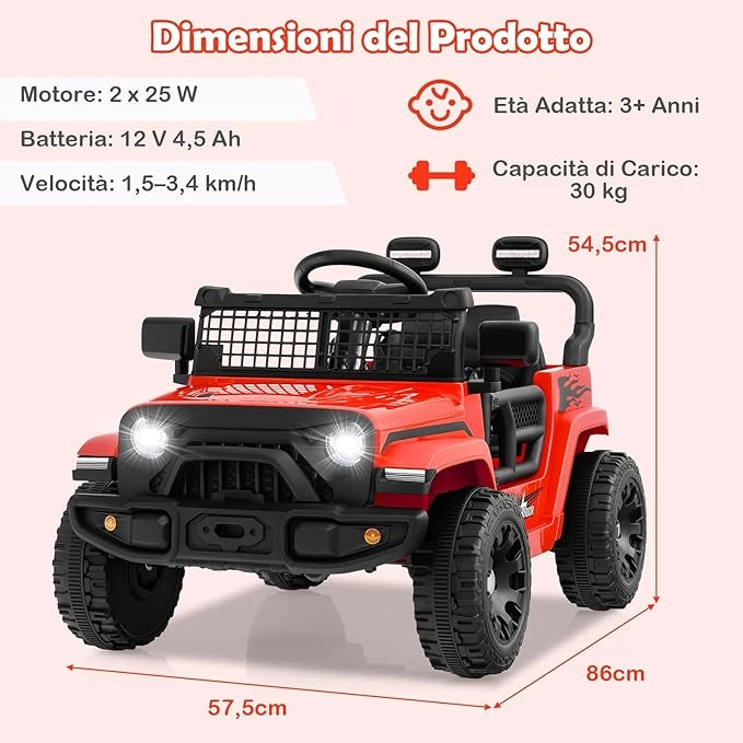 12V Macchina elettrcia per Bambini, Auto con Telecomando 3 Velocità Luci LED Musica, Doppi Motori, Veicolo Elettrico per Bambini 3+ Anni, Carico 30 kg (Rosso)