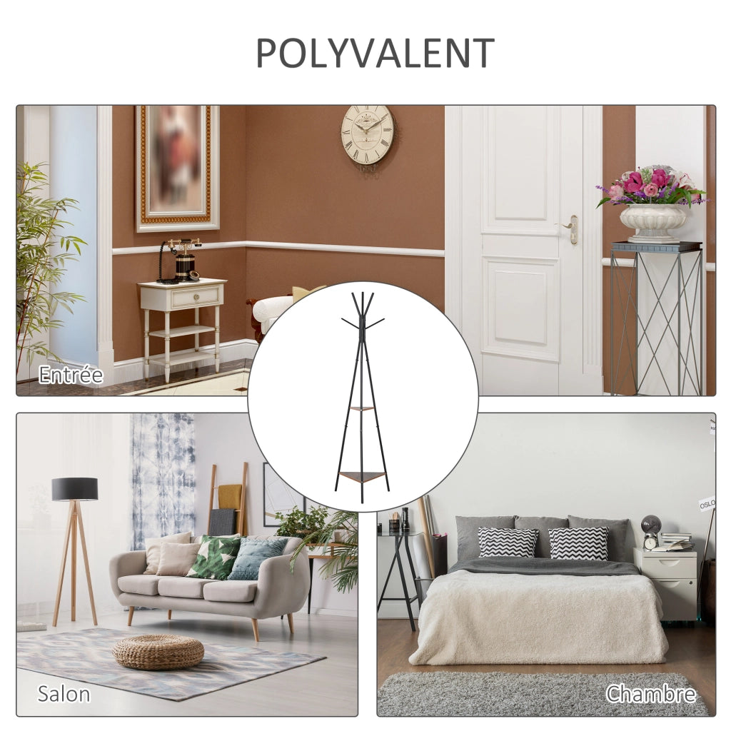 Appendiabiti a Treppiede con 2 Ripiani ¨C Xylo ¨C Metallo Nero e Legno 52x46x182cm