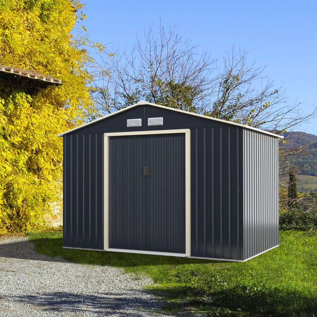 Capanno degli attrezzi di metallo con 4 sfiati e ante singole scorrevoli, Casetta da giardino 277x191x202cm-Casette da giardino