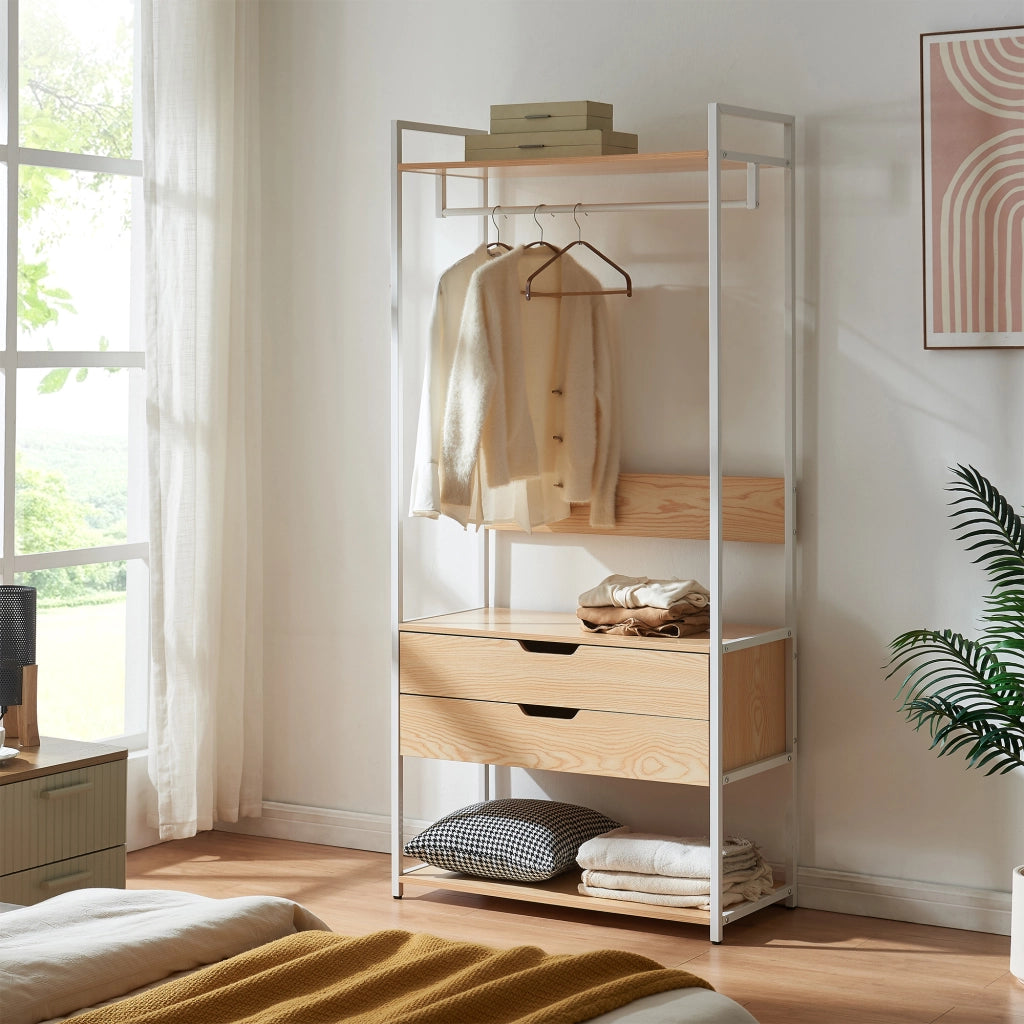 Organizzatore Guardaroba Larem Mobile Porta Abiti con Cassetti - Bianco / Effetto Rovere [en.casa]