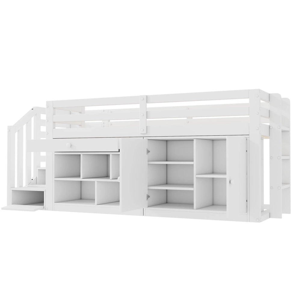 LETTO multifunzionale 90x200 cm in legno bianco con scala e contenitori