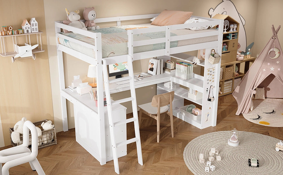 Letto a soppalco per bambini con scaffale e scala, 90x200 cm, bianco