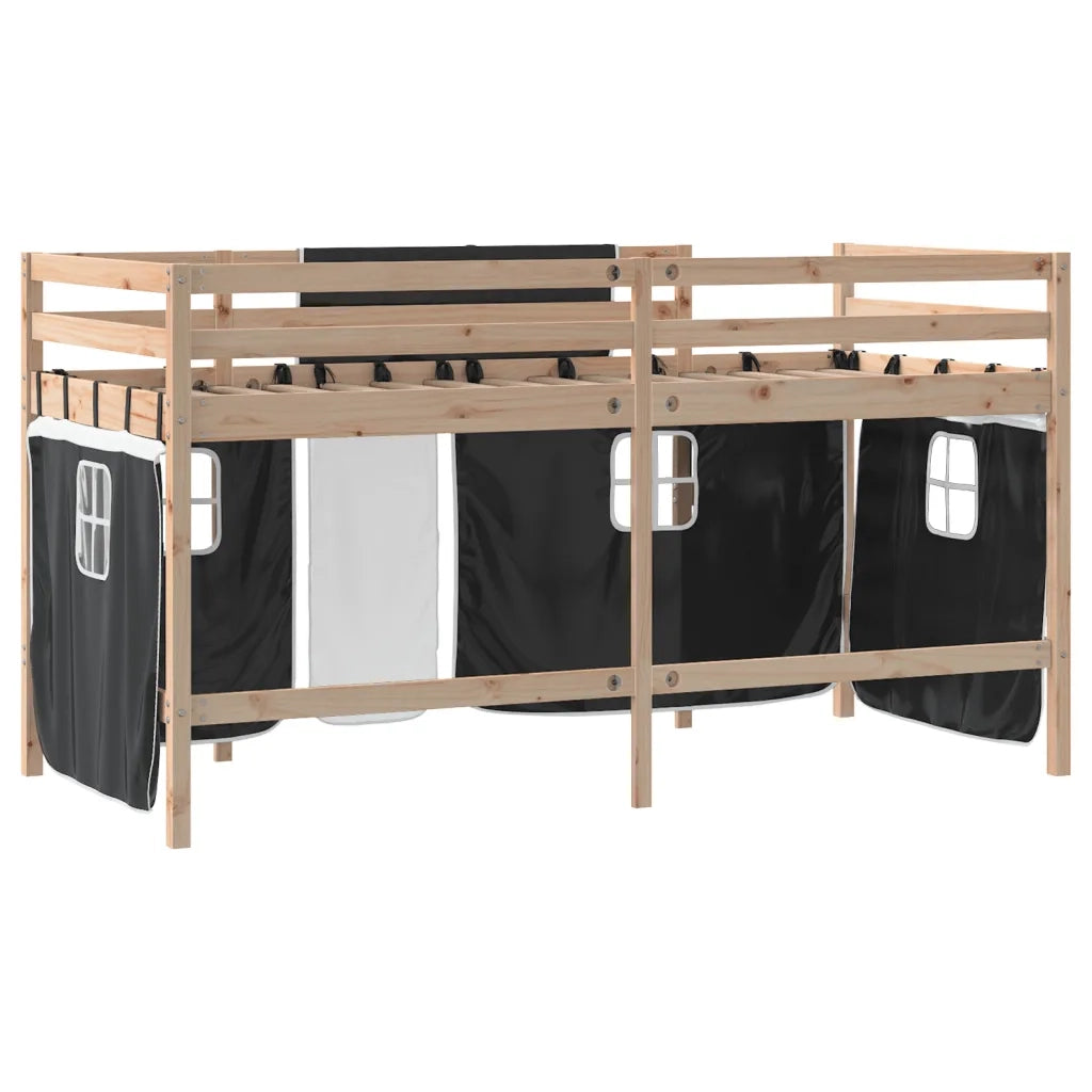 Letto a Soppalco con Tende Bambini | Letto Infantile | Lettino Bianco e Nero 80x200 cm Pino