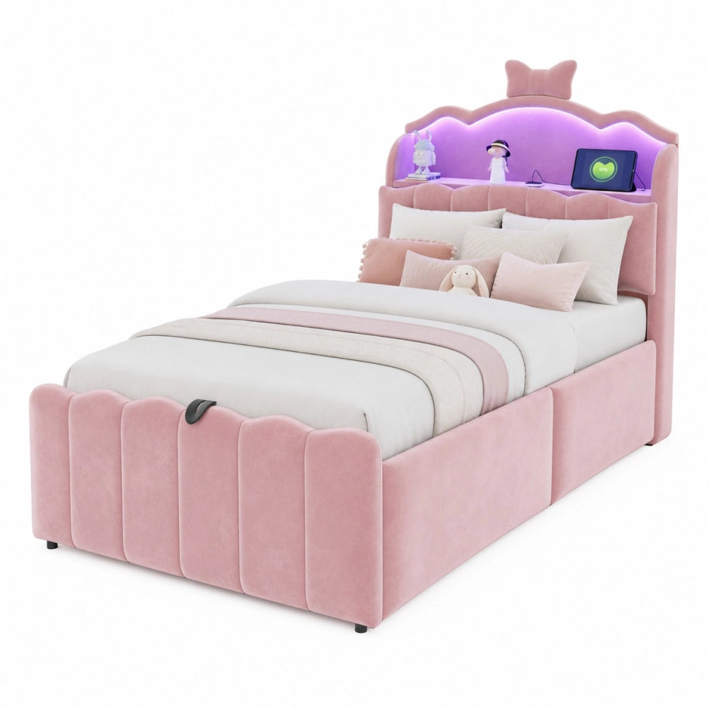 Letto per Bambini 90x200 cm; Contenitore Idraulico; USB; USB-C; LED a Colori; in Velluto; Rosa