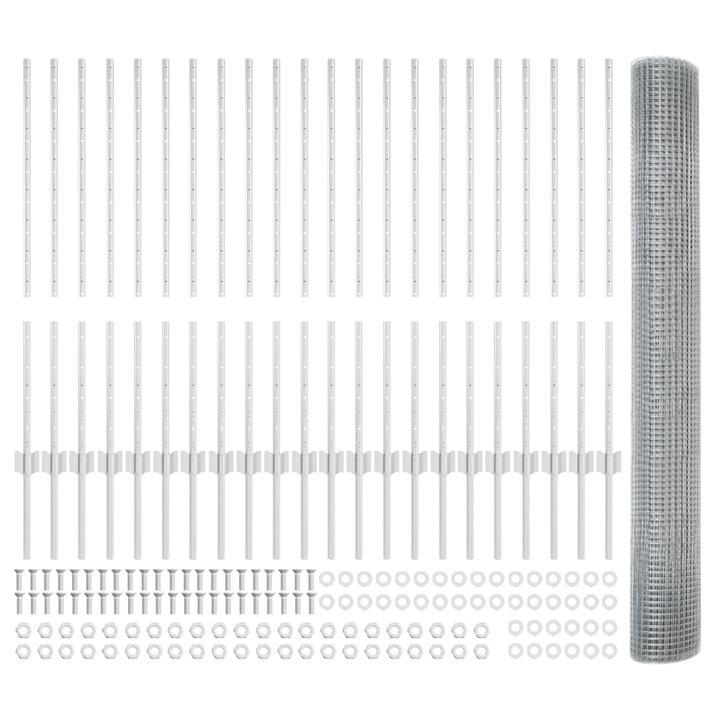 Recinzione in Filo Saldato con 44 Pali U Argento 1x50 m Acciaio