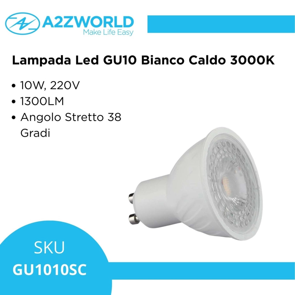 Lampada Led GU10 10W 1300LM Angolo Stretto 38 Gradi Bianco Caldo 3000K 220V D50X58mm