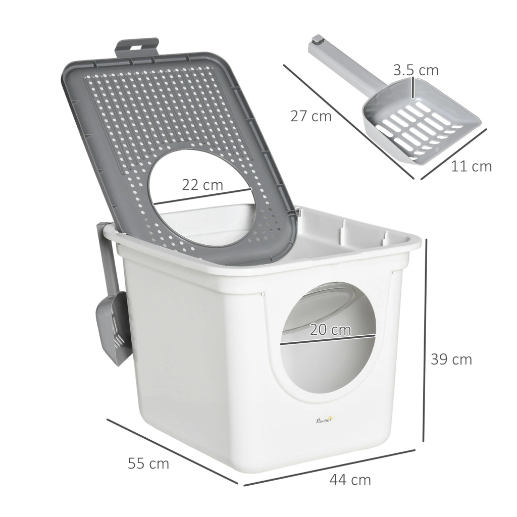 Lettiera per gatti con coperchio e paletta, adatta a gatti fino a 5 kg, per uso interno, in plastica, grigio e bianco, 44x55x39 cm
