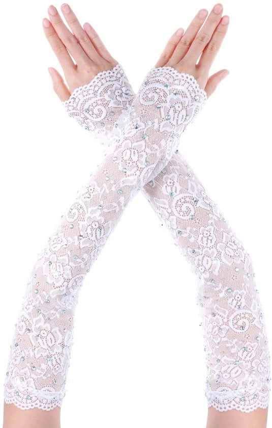 Manopole senza dita - Elegant - Bianco - Laccio - Perfette per Halloween e Matrimoni - Ideali per Feste e Eventi speciali