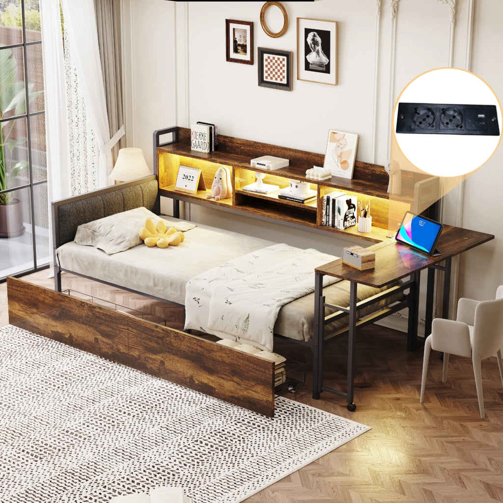 LETTO Singolo 90x200 cm con scrivania pieghevole LED e cassetti Bianco/Legno