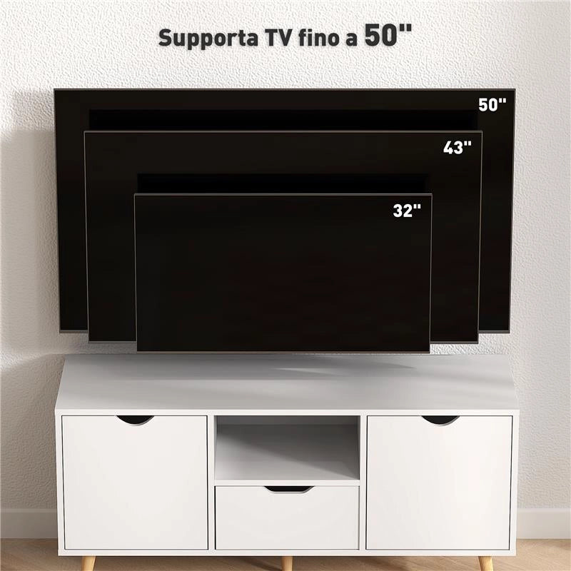 MOBILE PORTA TV MAX 50" CON CASSETTO, RIPIANO APERTO E ARMADIETTI, 110X40X50 CM, BIANCO E LEGNO