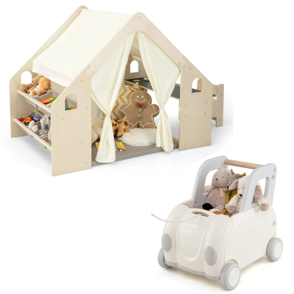 Tenda da gioco per bambini e carrello treno giocattolo per bambini, Casetta da gioco con tende e scatola treno giocattolo