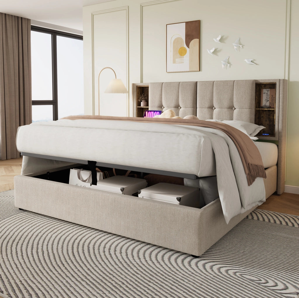 Letto imbottito 160 x 200 cm con ricarica wireless, vano contenitore e materasso