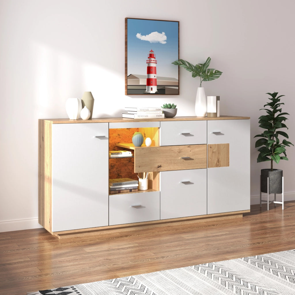 Credenza e Madia con 2 Ante; 4 Cassetti e Ripiano in Vetro; LED 16 Colori; in MDF; Bianco e Naturale; 160¡Á40¡Á77 cm