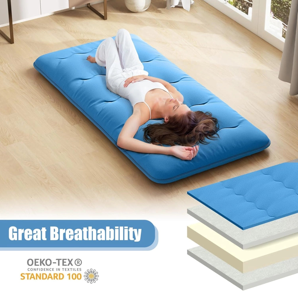 Materasso futon Pieghevole, Tatami Futon Giapponese Portatile con Borsa, Copertura Lavabile, 2 Bende Incluse, LettoFuton Spesso e Traspirante per Camera da Letto per Adulti (Blu,Twin XL)