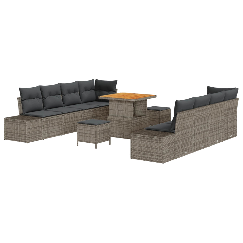 Set divani giardino 11 pezzi con cuscini grigi in polyrattan e acacia