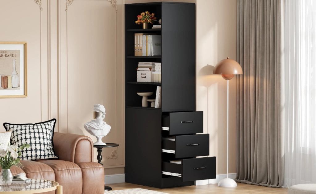 Libreria stretta 60x38x180 cm nera con cassetti laterali