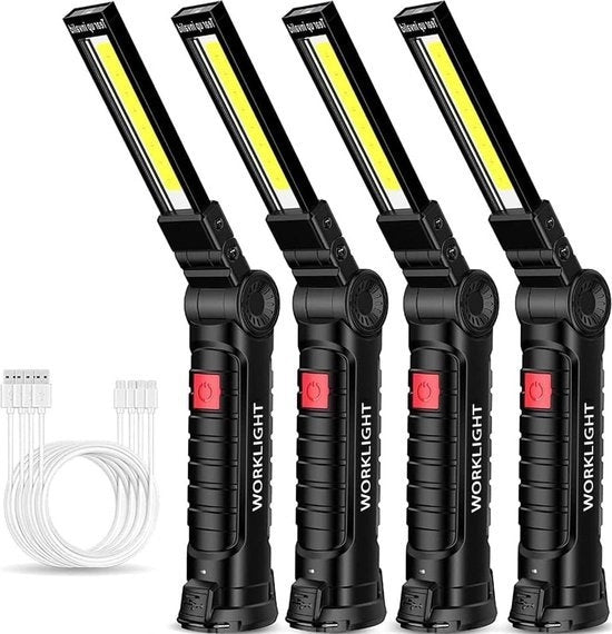 4 zacchetti di luce LED ricaricabili, lampada da lavoro illuminante, ricaricabile via USB, lenti di ispezione, lampada portatile con base magnetica e gancio di appendere, 5 modalità per la riparazione di [Classe di Energia A]