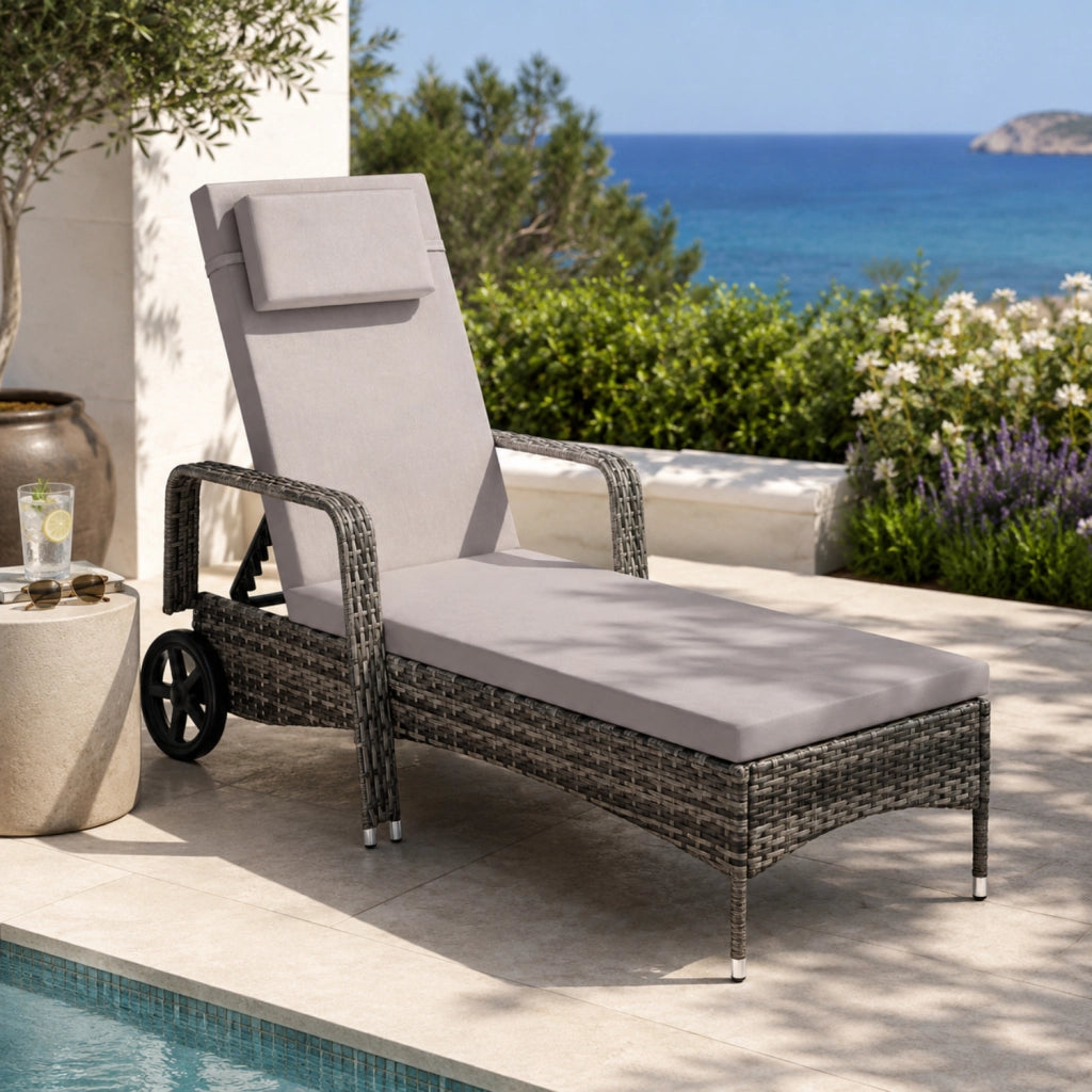 Lettino Prendisole Reclinabile In Polyrattan Con Schienale Regolabile In 6 Posizioni Cuscino Poggiatesta E Ruote Ideale Per Giardino Piscina Terrazza Solarium Relax Outdoor 196 x 72 x 94.5 Cm Grigio