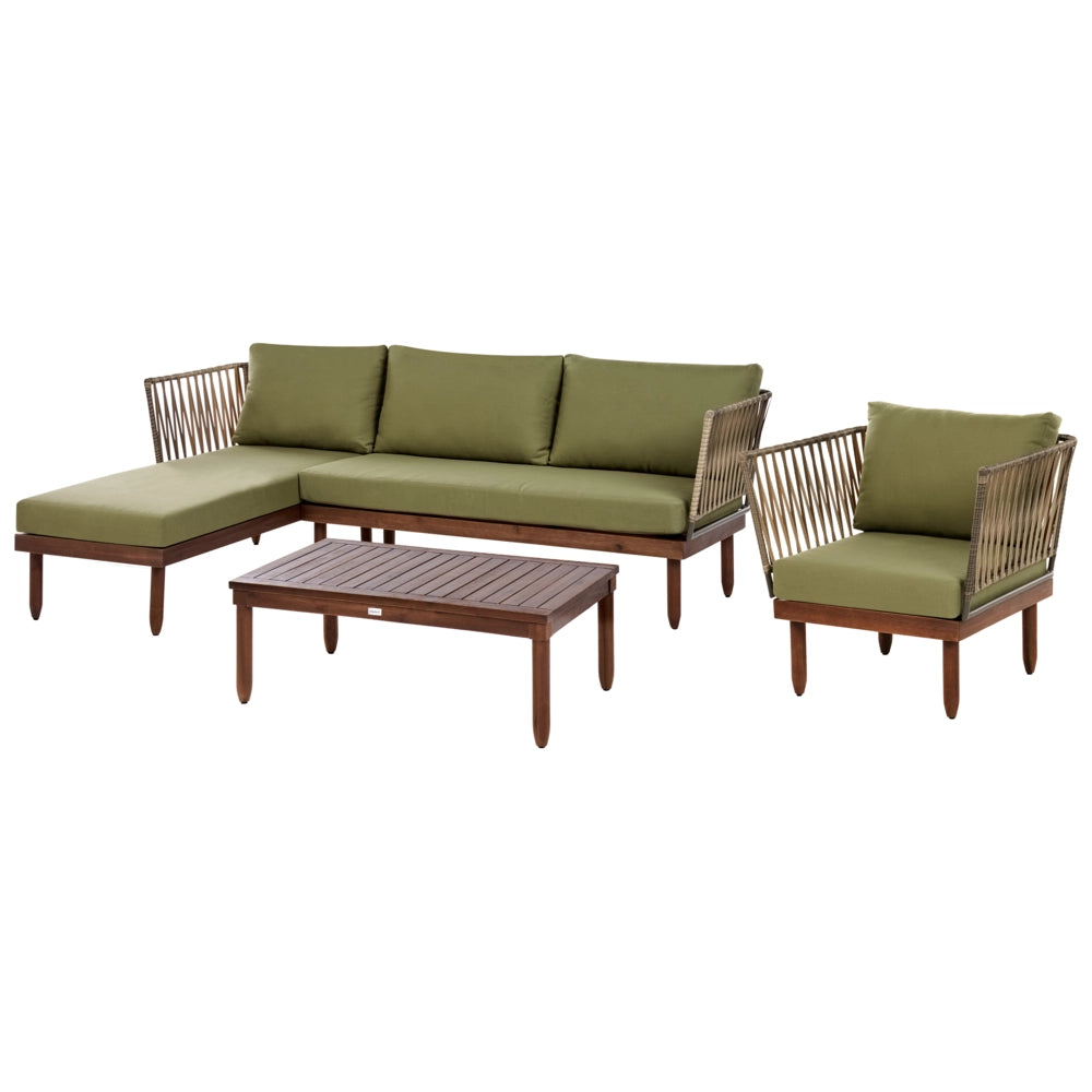 Set Lounge da Giardino 4 Posti ad Angolo Destro con Tavolino Poltrona in Finto Rattan Struttura in Legno di Acacia e Cuscini Verdi