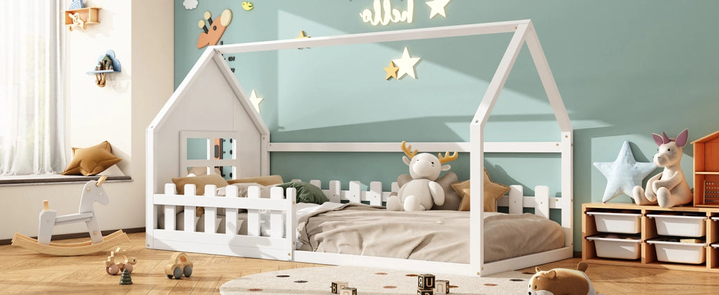 DESMIU Letto per Bambini a Casetta 1 Posto con Struttura a Casa, 90 × 200 cm, Senza Materasso, in Pino e MDF, Bianco