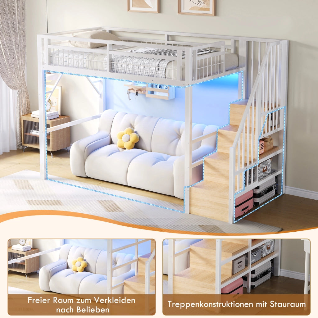 DESMIU Letto a soppalco 1 posto con LED regolabile e scala contenitore, 90 × 200 cm, senza materasso, bianco