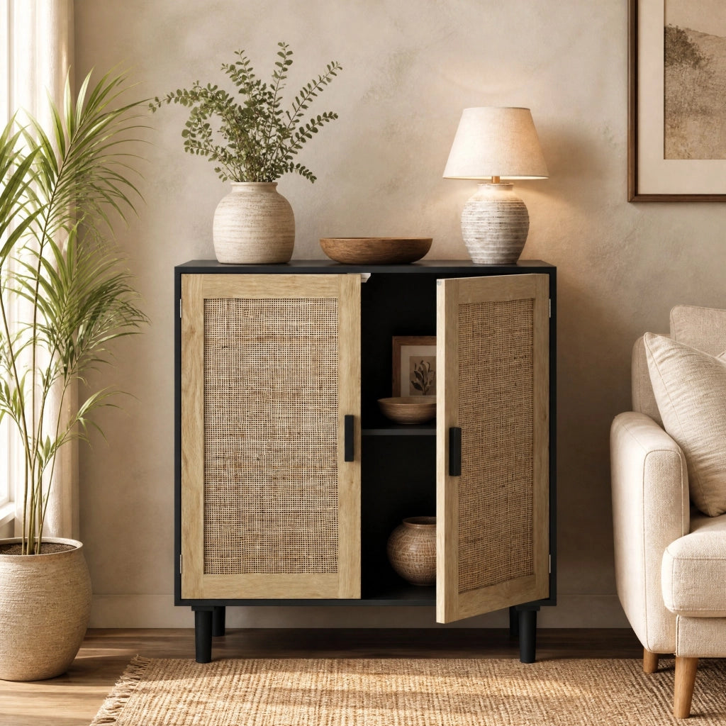 Mobile contenitore a 2 ante in rattan con 2 vani aperti e maniglie in legno; per salotto e ingresso; nero; 80 × 40 × 88 cm