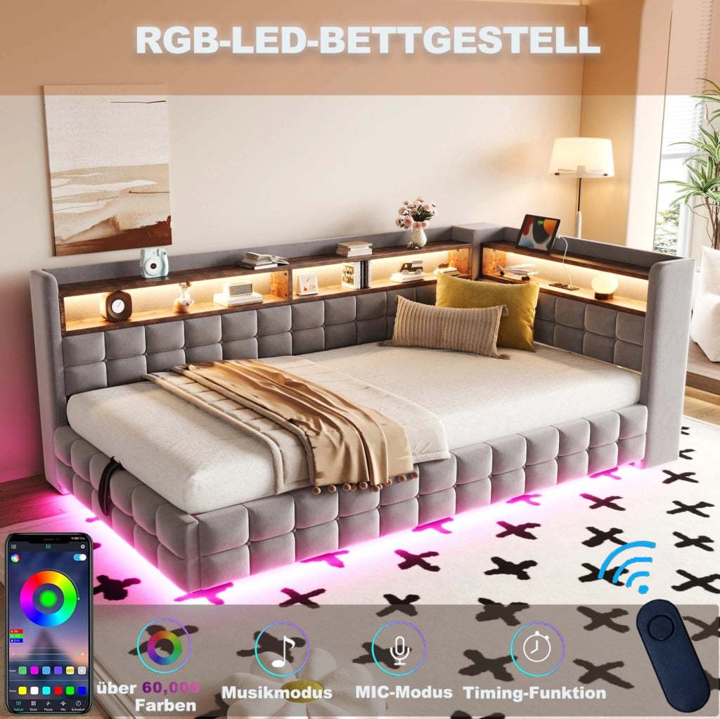 Letto imbottito 90x200 cm con contenitore idraulico; LED; USB-C; ripiani; velluto grigio chiaro