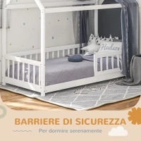 Struttura Letto per Bambini a Forma di Casetta con Doghe e Recinzione, in Legno di Pino, 96x195x165 cm, Bianco