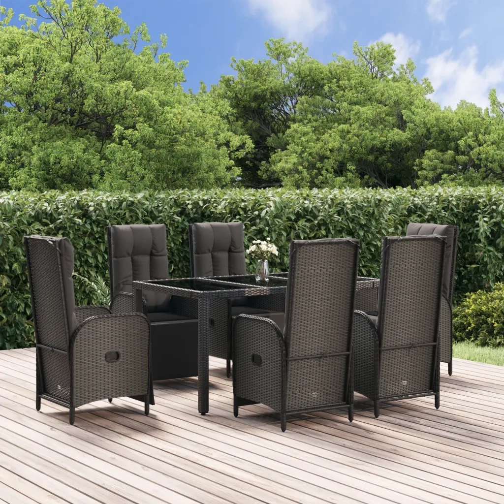 Set da Pranzo Giardino 7pz Nero e Grigio con Cuscini Polyrattan 3185062