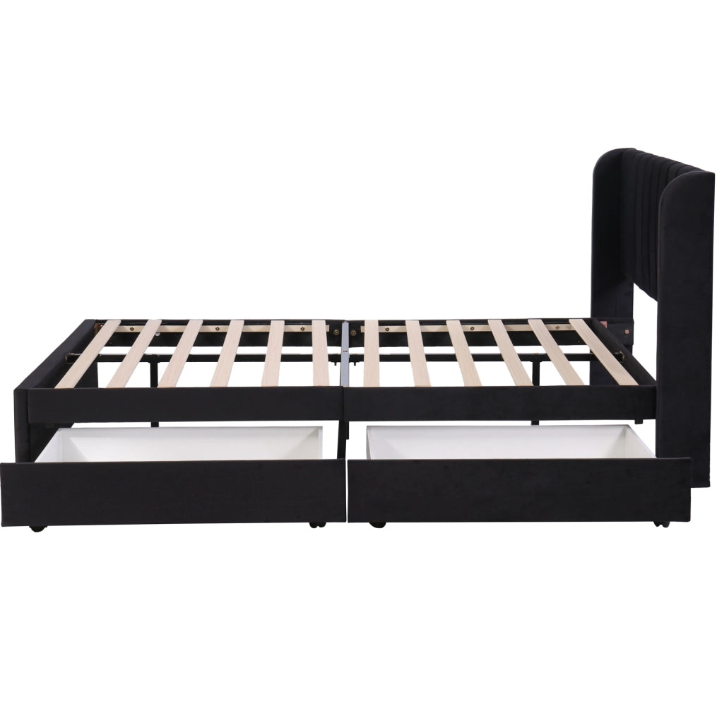 Letto imbottito in velluto 160x200 cm nero con 2 cassetti