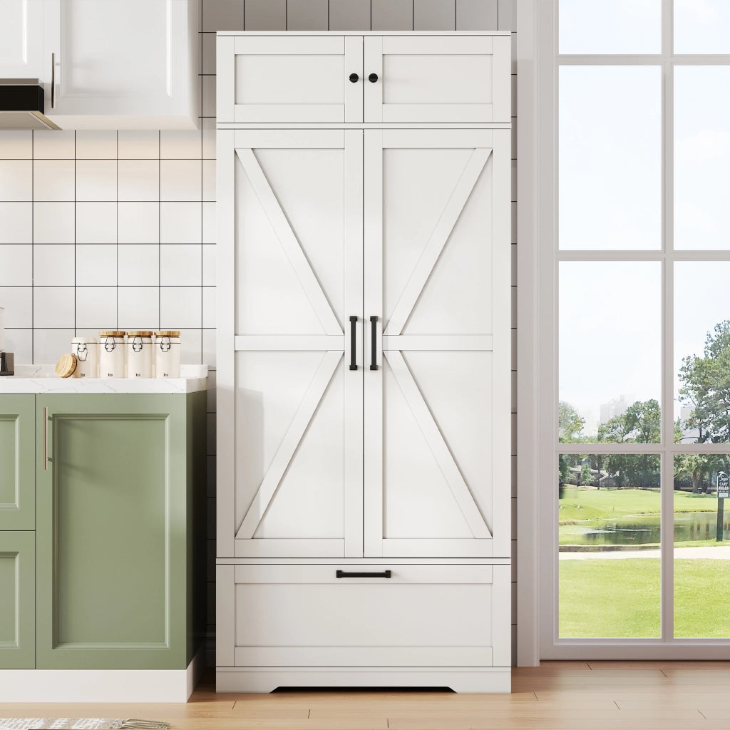 Dispensa alta con ripiani regolabili, 1 cassetto, 7 vani per bottiglie, per cucina e soggiorno, bianco 80 × 40 × 180 cm