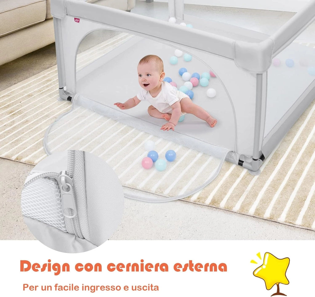 Box per Bambini, Centro Attività Portatile con Cancelli di Sicurezza, con Ventose Antiscivolo, Pareti a Rete Traspirante e 2 Anelli per Bambini, Cancello per Giocare con Palline (Grigio)