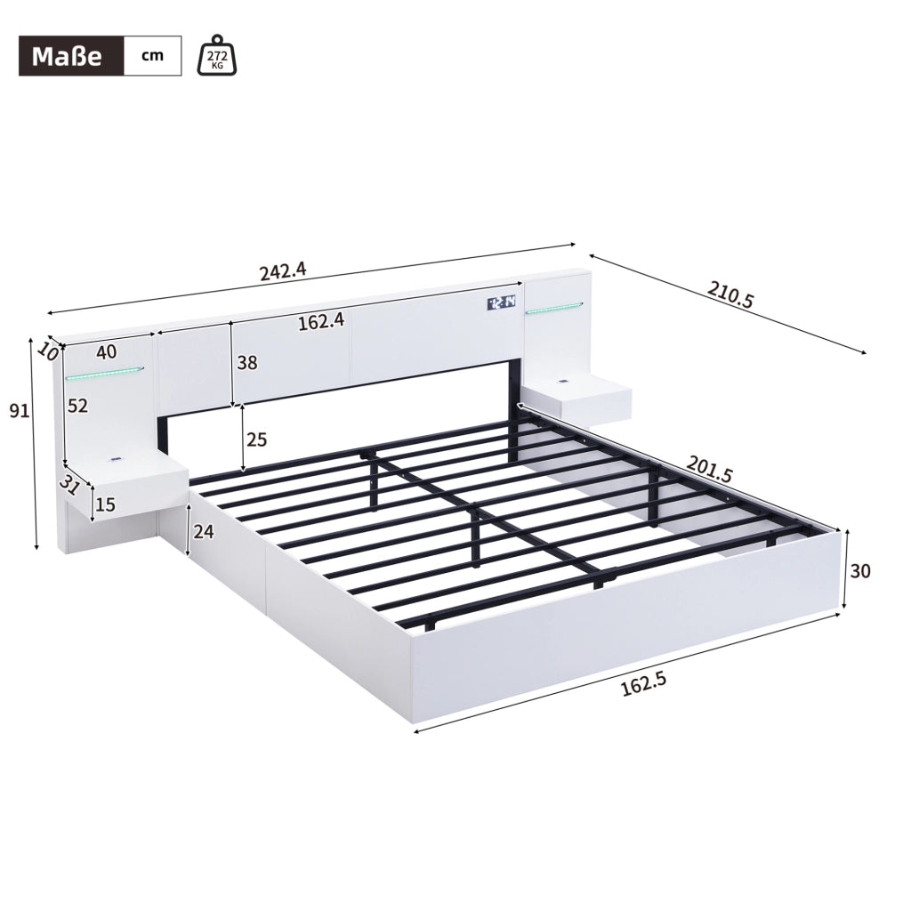Letto 160x200 cm con Bluetooth; USB-A e USB-C; orologio elettronico e luce colorata; MDF bianco