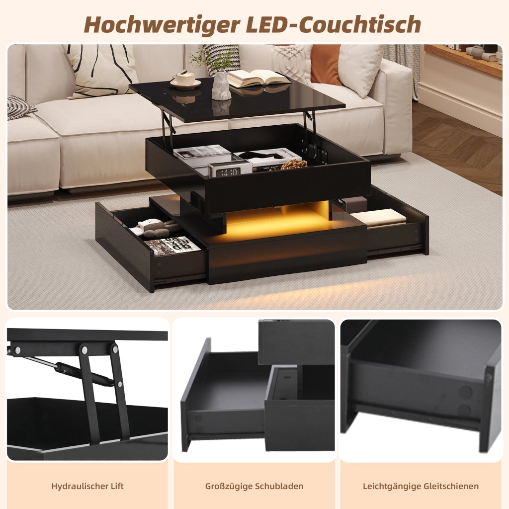 Tavolino Da Salotto Sollevabile con 2 Cassetti e Vano Nascosto LED per Soggiorno 65 × 65 × 38,5 cm