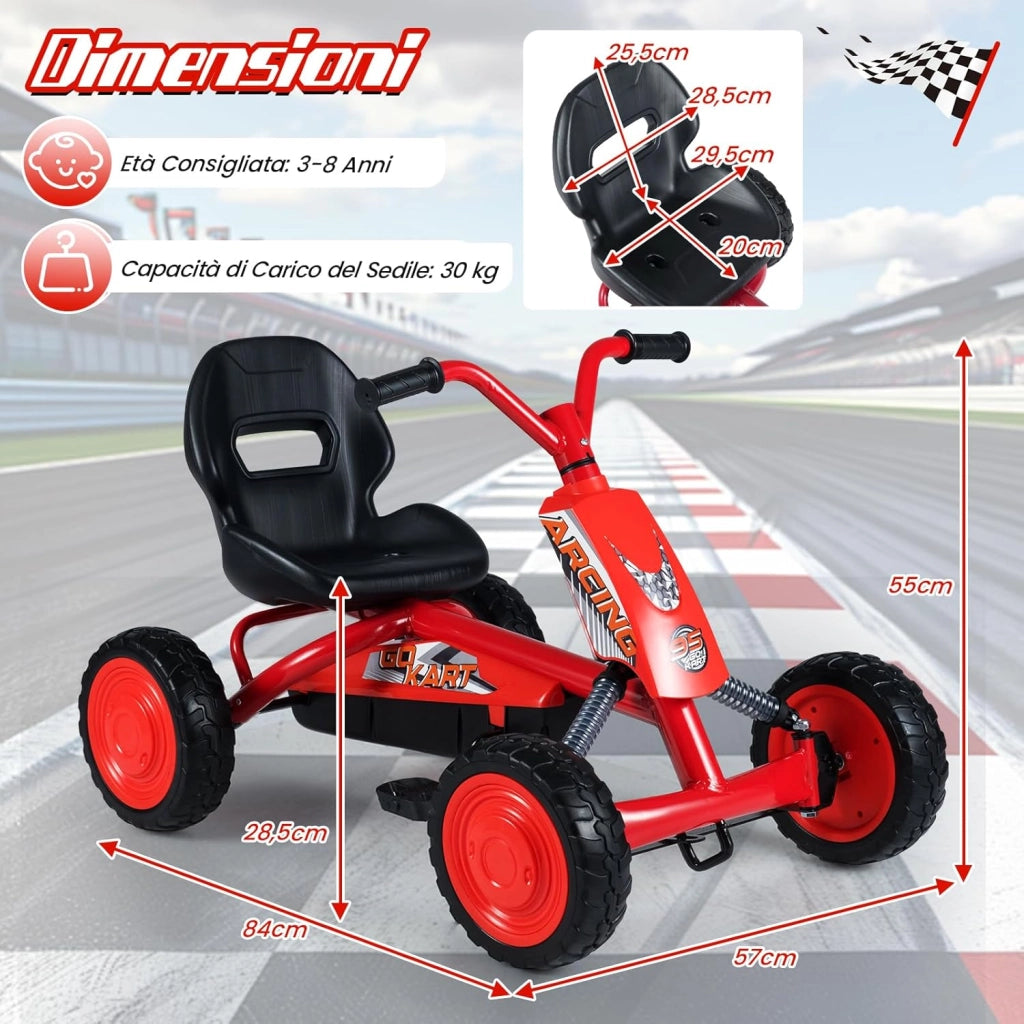 Go Kart a Pedali per Bambini, Veicolo a Pedali con Sedile Regolabile, 4 Ruote Resistenti, Macchina Elettrica per Bambini 3-8 Anni, Portata 30 kg (Rosso)